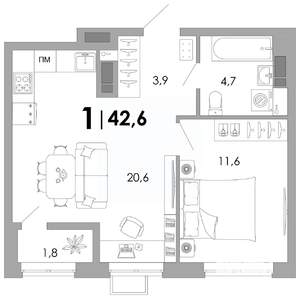 1-к квартира, вторичка, 43м2, 12/16 этаж