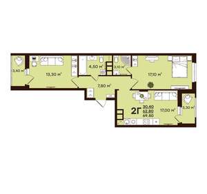 2-к квартира, вторичка, 70м2, 9/17 этаж