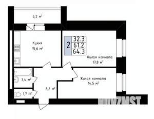 2-к квартира, вторичка, 64м2, 3/14 этаж