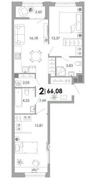 2-к квартира, вторичка, 66м2, 2/17 этаж