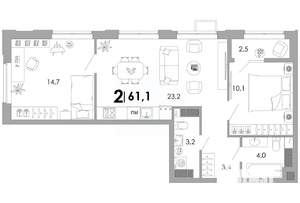 2-к квартира, вторичка, 61м2, 7/16 этаж