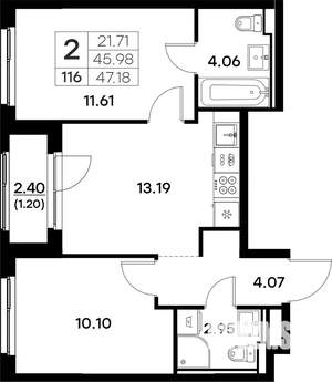 2-к квартира, вторичка, 47м2, 11/17 этаж