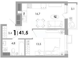 1-к квартира, строящийся дом, 42м2, 3/16 этаж