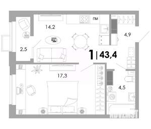 1-к квартира, вторичка, 43м2, 10/16 этаж