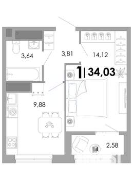 1-к квартира, вторичка, 34м2, 14/17 этаж