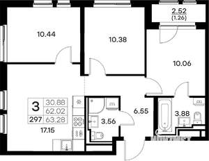 3-к квартира, вторичка, 63м2, 9/17 этаж