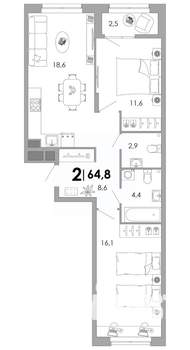 2-к квартира, строящийся дом, 65м2, 2/17 этаж