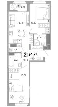 2-к квартира, вторичка, 65м2, 16/17 этаж