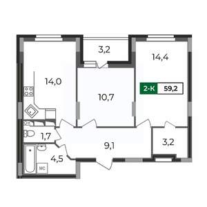 2-к квартира, строящийся дом, 59м2, 1/17 этаж