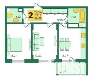 2-к квартира, вторичка, 57м2, 4/5 этаж
