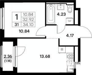 1-к квартира, вторичка, 34м2, 4/17 этаж