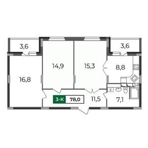 3-к квартира, строящийся дом, 78м2, 2/17 этаж