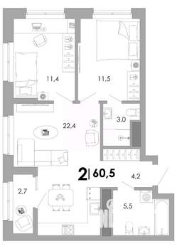 2-к квартира, вторичка, 61м2, 4/17 этаж