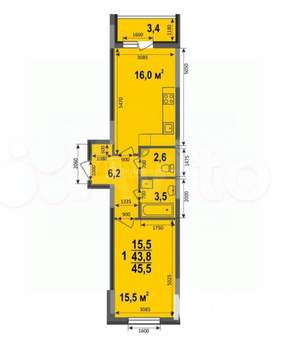 1-к квартира, строящийся дом, 45м2, 3/17 этаж