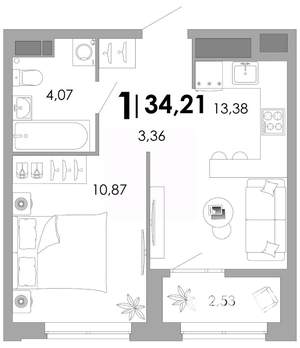 1-к квартира, вторичка, 34м2, 15/17 этаж