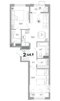 2-к квартира, вторичка, 65м2, 10/16 этаж