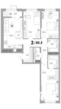 3-к квартира, вторичка, 86м2, 10/16 этаж