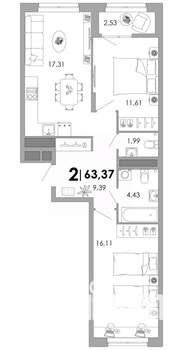 2-к квартира, вторичка, 63м2, 9/17 этаж