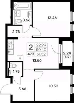 2-к квартира, вторичка, 52м2, 4/17 этаж