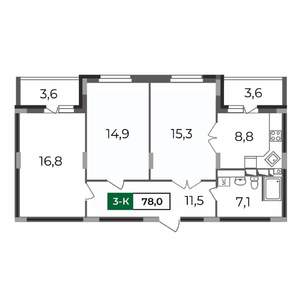 3-к квартира, строящийся дом, 78м2, 3/17 этаж