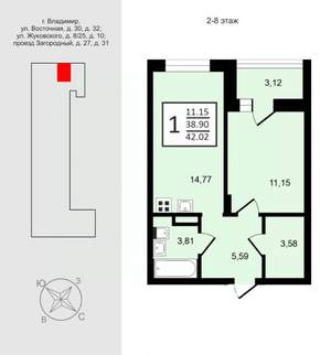1-к квартира, вторичка, 42м2, 7/9 этаж