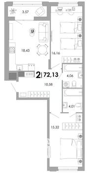 2-к квартира, вторичка, 72м2, 2/17 этаж