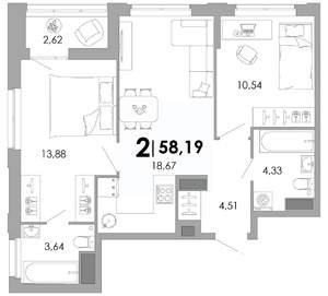 2-к квартира, вторичка, 58м2, 11/17 этаж
