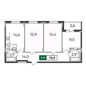 3-к квартира, строящийся дом, 79м2, 11/17 этаж