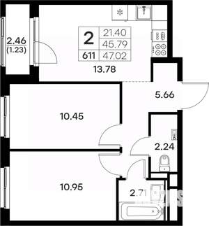 2-к квартира, вторичка, 47м2, 4/17 этаж