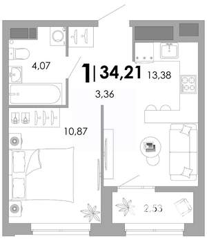1-к квартира, вторичка, 34м2, 3/17 этаж