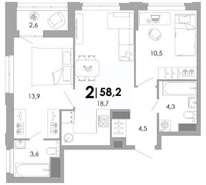 2-к квартира, строящийся дом, 58м2, 4/17 этаж