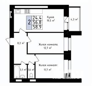 2-к квартира, вторичка, 59м2, 1/14 этаж