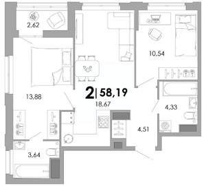 2-к квартира, вторичка, 58м2, 11/17 этаж