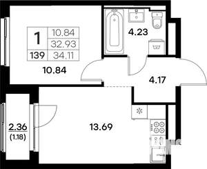 1-к квартира, вторичка, 34м2, 13/17 этаж