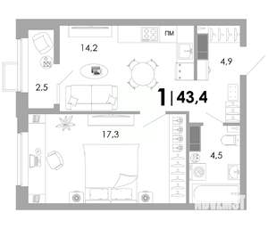 1-к квартира, вторичка, 43м2, 3/16 этаж
