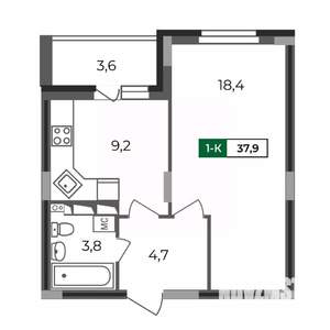 1-к квартира, строящийся дом, 38м2, 10/17 этаж