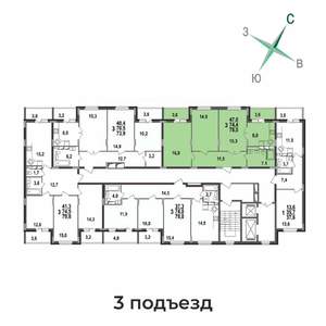 3-к квартира, строящийся дом, 78м2, 1/17 этаж