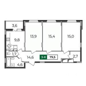 3-к квартира, строящийся дом, 80м2, 5/17 этаж
