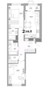 2-к квартира, вторичка, 66м2, 14/16 этаж