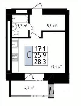Студия квартира, вторичка, 42м2, 1/14 этаж