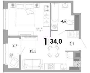1-к квартира, строящийся дом, 34м2, 14/17 этаж