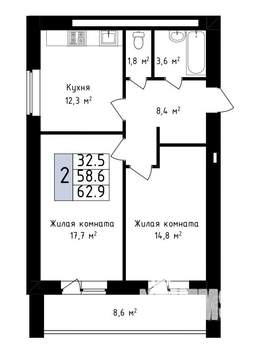2-к квартира, вторичка, 61м2, 1/14 этаж