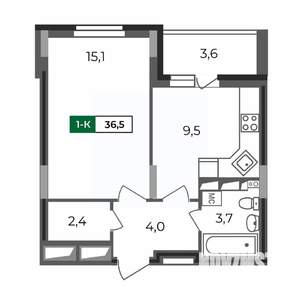 1-к квартира, строящийся дом, 37м2, 16/17 этаж