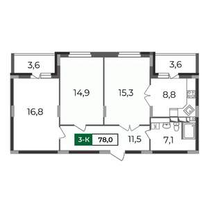 3-к квартира, строящийся дом, 78м2, 9/17 этаж