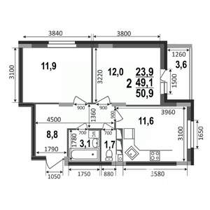 2-к квартира, строящийся дом, 51м2, 2/17 этаж