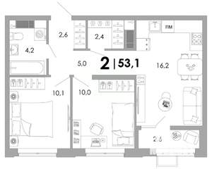 2-к квартира, вторичка, 53м2, 10/16 этаж