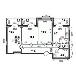 3-к квартира, строящийся дом, 71м2, 8/17 этаж
