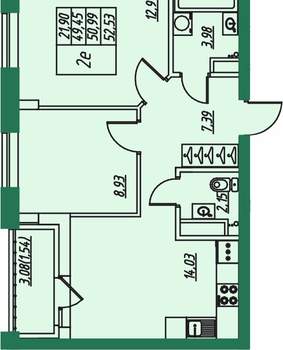 2-к квартира, вторичка, 51м2, 2/8 этаж