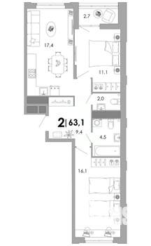 2-к квартира, вторичка, 63м2, 14/17 этаж