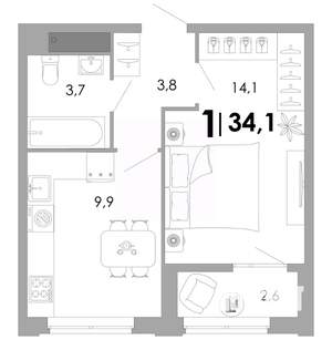 1-к квартира, вторичка, 34м2, 8/17 этаж